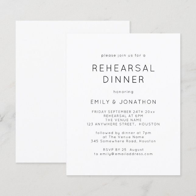 Budget Black White Rehearsal Dinner Wedding Invite (Front/Back)