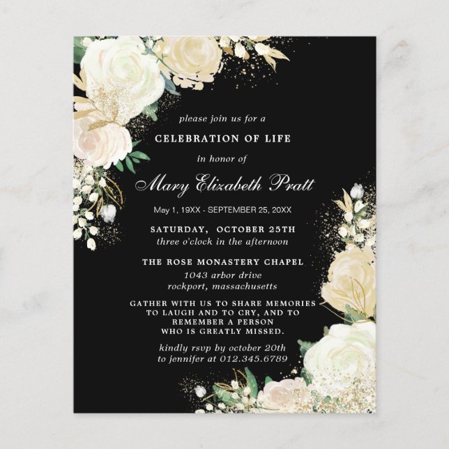 Budget Black White Rose Floral Funeral Invitation (Front)
