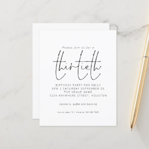 Budget Black White Script 30th Birthday Invitation