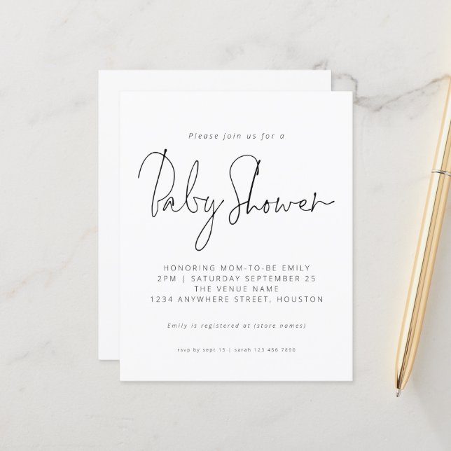 Budget Black White Script Baby Shower Invitation (Front/Back In Situ)