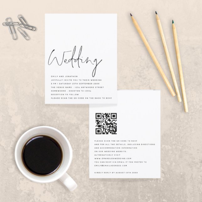 BUDGET Black White Script QR Code Wedding Invite (Creator Uploaded)