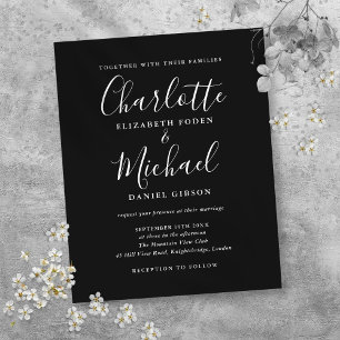 Budget Black White Script Wedding Invitation