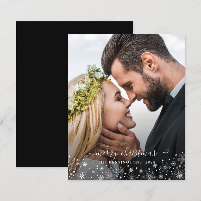 Budget Black White Snowflakes Christmas Photo (Front/Back)