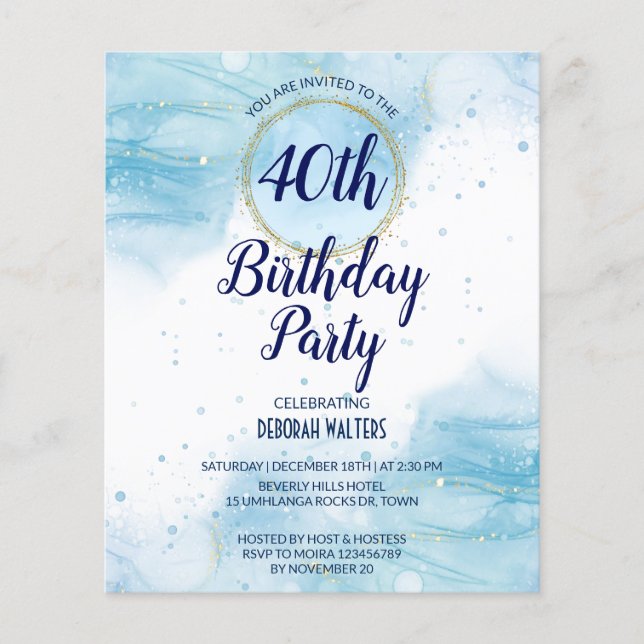 Budget blue abstract watercolor splash glitter (Front)