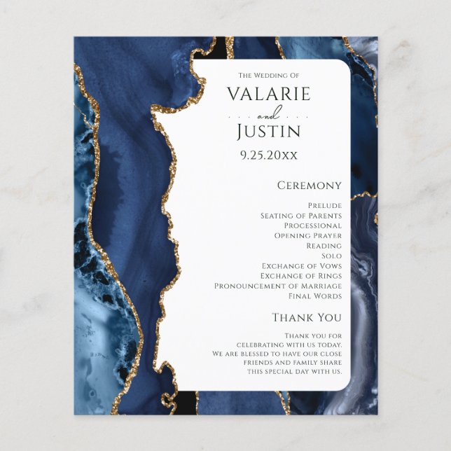 Budget Blue Agate Gold Glitter Wedding Program (Front)