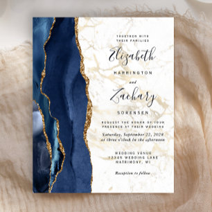 Budget Blue Agate Gold Marble Wedding Invitation
