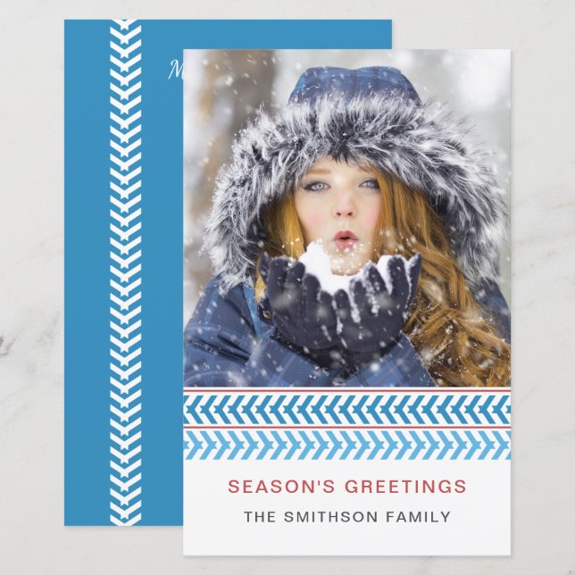 Budget Blue and White Stitches Photo Holiday Card (Front/Back)