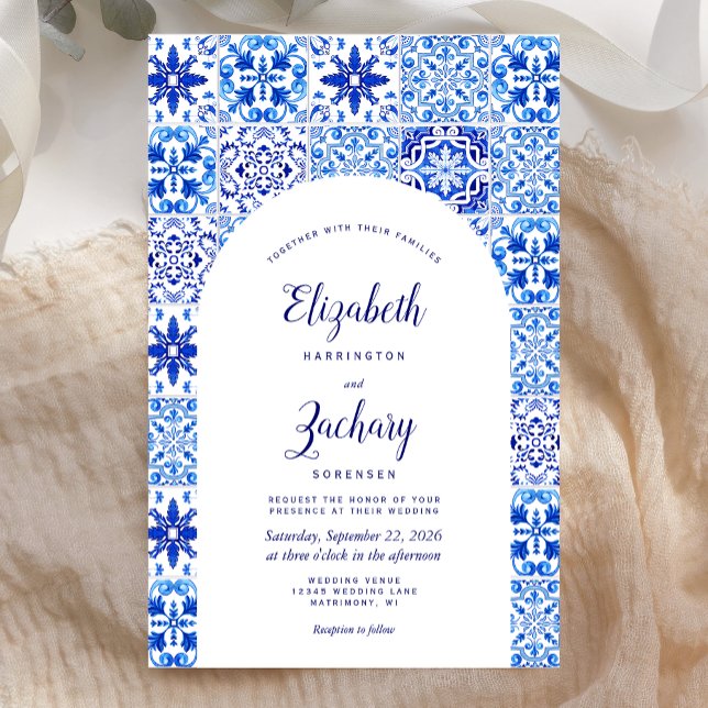 Budget Blue Arch Portuguese Tile Wedding Invite (Creator Uploaded)