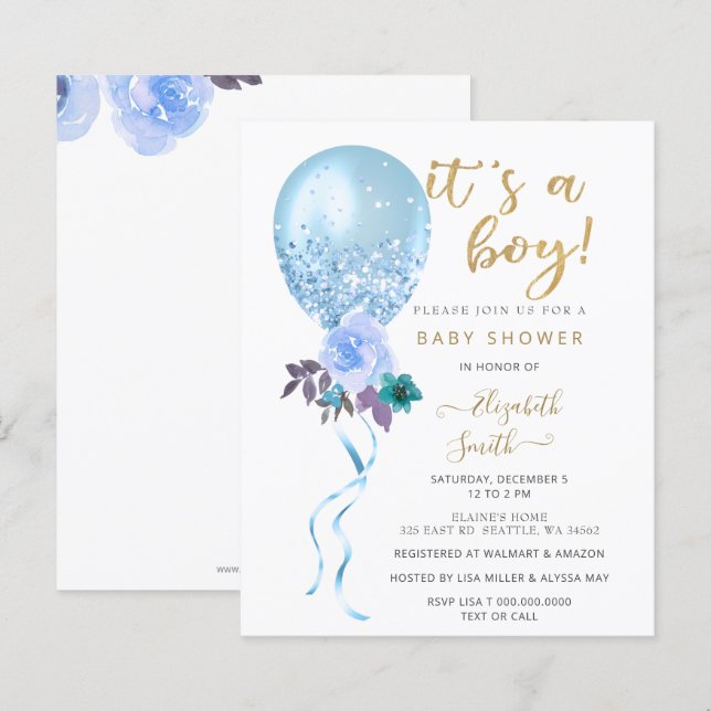 Budget Blue Balloon Boy Baby Shower Invitation (Front/Back)