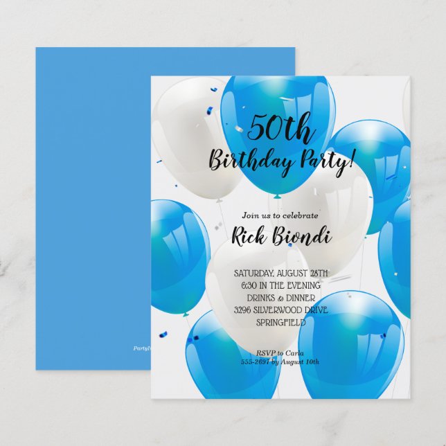 Budget Blue Balloons Birthday Party Invitations (Front/Back)