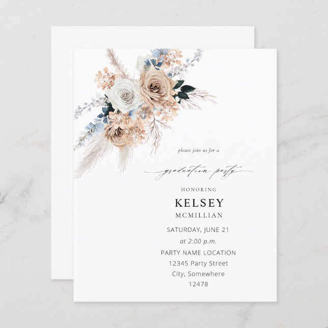 Budget Blue & Beige Boho Floral Graduation Party (Front/Back)