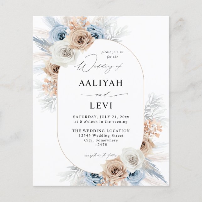 Budget Blue & Beige Boho Floral Wedding 2 Flyer (Front)