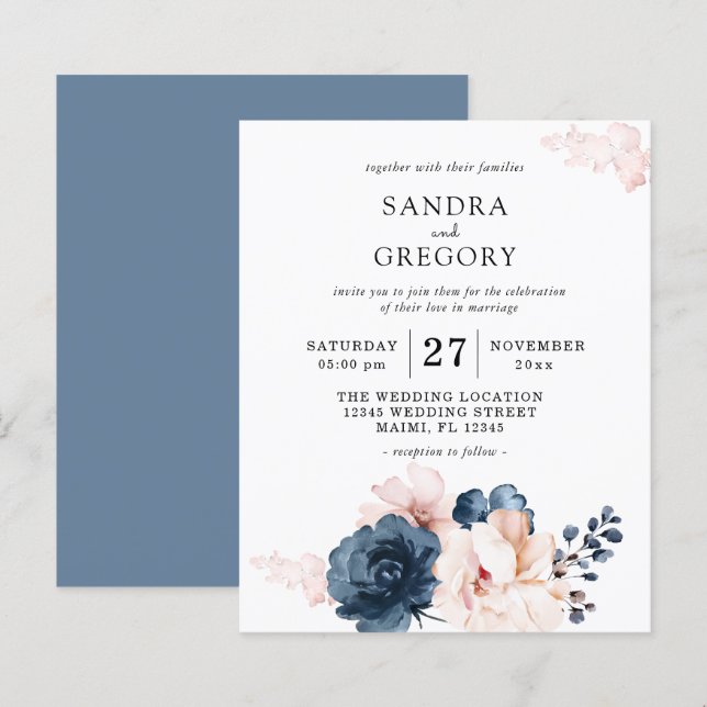 Budget Blue, Blush Pink Blue Floral Wedding Flyer (Front/Back)