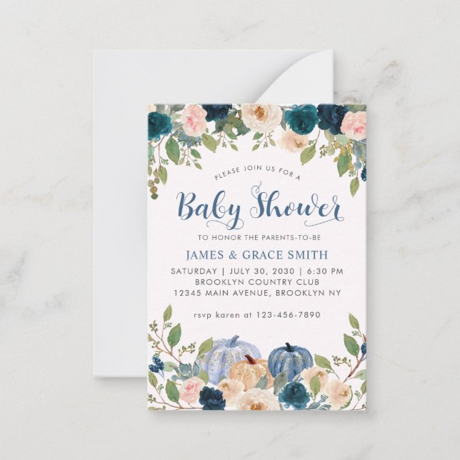Budget Blue Blush Pink Floral Pumpkin Baby Shower Card (Front)