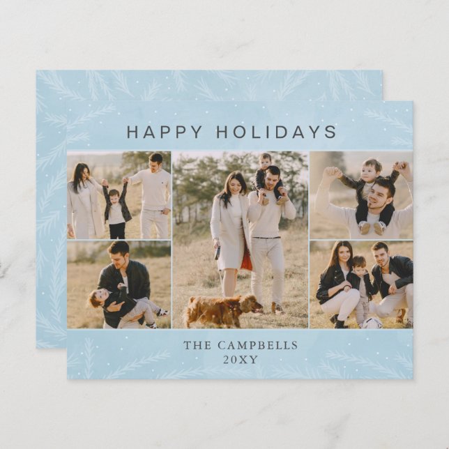 Budget Blue Botanical 5 photo Collage Holiday Card (Front/Back)