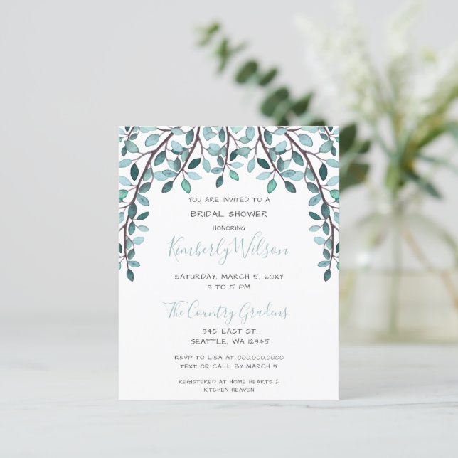 Budget Blue Botanical Bridal Shower Invitation (Standing Front)