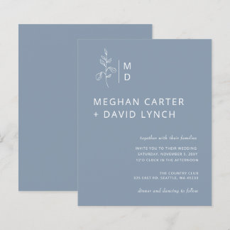 Budget Blue Botanical Monogram Wedding Invitation