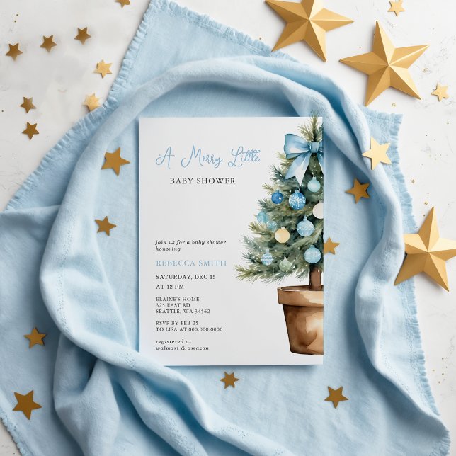 Budget Blue Bow Christmas Merry Little Baby Shower (Budget Blue Bow Christmas Merry Little Baby Shower Invitation)
