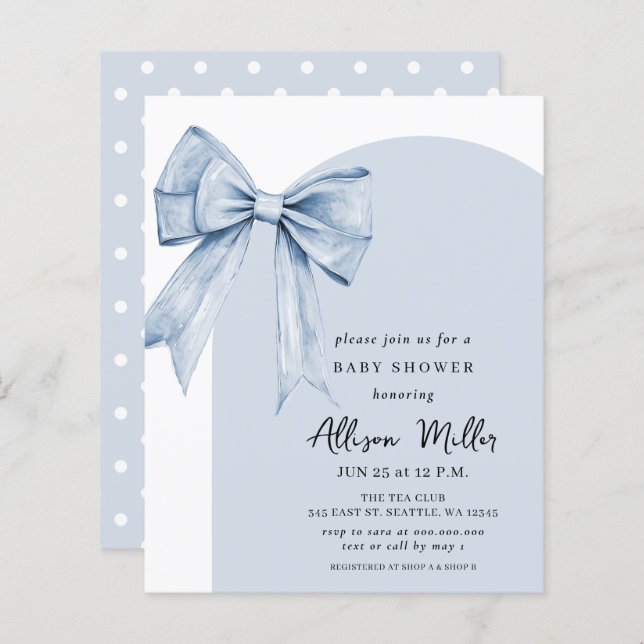 Budget Blue Bow Coquette Boy Baby Shower Invite (Front/Back)