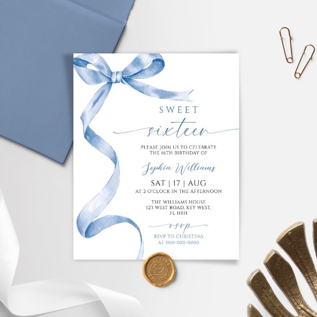 Budget Blue Bow Sweet 16 Birthday Invitation (Creator Uploaded)
