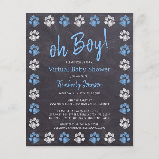 Budget Blue Boy Paw Print Virtual Baby Shower  (Front)