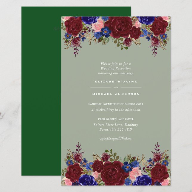 BUDGET Blue Burgundy Floral Wedding Invite A9 (Front/Back)