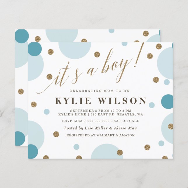 Budget Blue Confetti Boy Baby Shower Invitation (Front/Back)