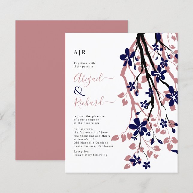 BUDGET Blue, dusty rose floral wedding invitation (Front/Back)