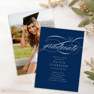 Budget Blue Elegant Script Photo Graduation Party Invitation