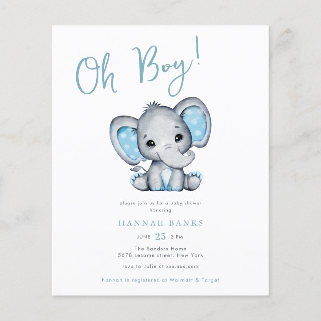 Budget Blue Elephant Baby Boy Shower Invitation (Front)