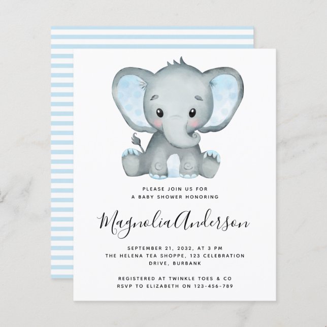 BUDGET Blue Elephant Baby Shower Invitation (Front/Back)