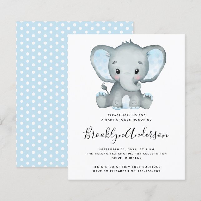 BUDGET Blue Elephant Baby Shower Invitation (Front/Back)