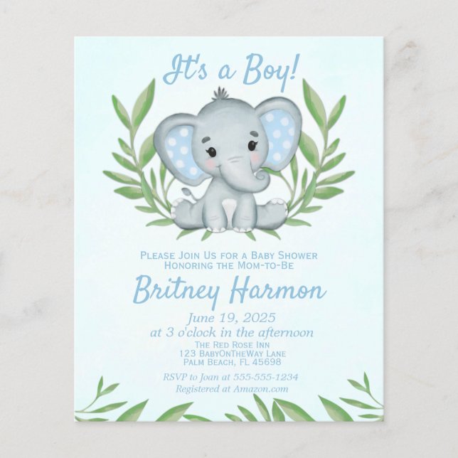 Budget Blue Elephant Boy Baby Shower Invitation (Front)