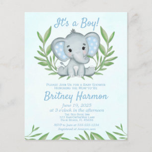 Budget Blue Elephant Boy Baby Shower Invitation