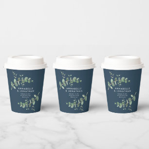 Budget blue eucalyptus botanical wedding decor paper cups