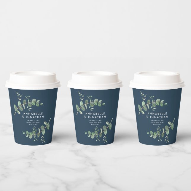 Budget blue eucalyptus botanical wedding decor paper cups (Multi)