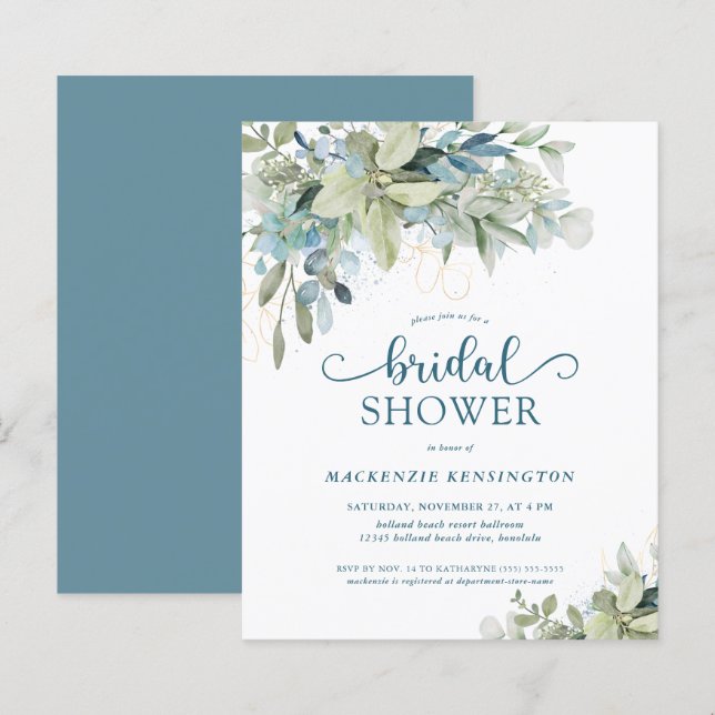 BUDGET Blue Eucalyptus Bridal Shower Invitation (Front/Back)