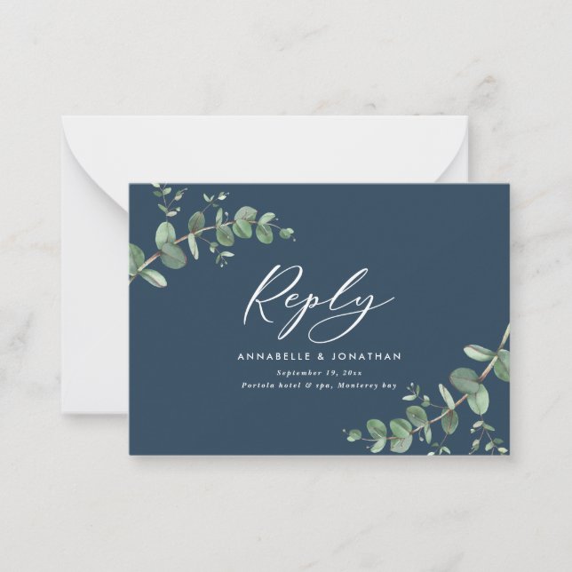 budget blue Eucalyptus Greenery Wedding reply Card (Front)