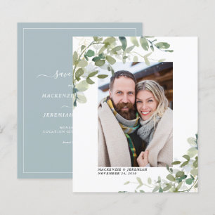 Budget Blue Eucalyptus Wedding Photo Save the Date