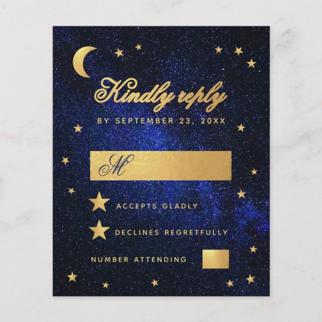 Budget Blue Faux Gold Stars Celestial Wedding RSVP (Front)