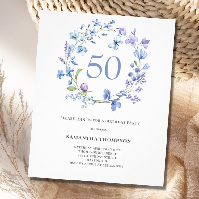 Budget Blue Floral 50th Birthday Invitation Flyer (Creator Uploaded)