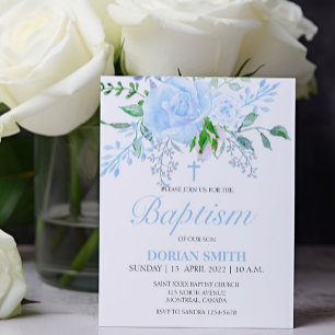 Budget Blue Floral Baptism Boy Invitation