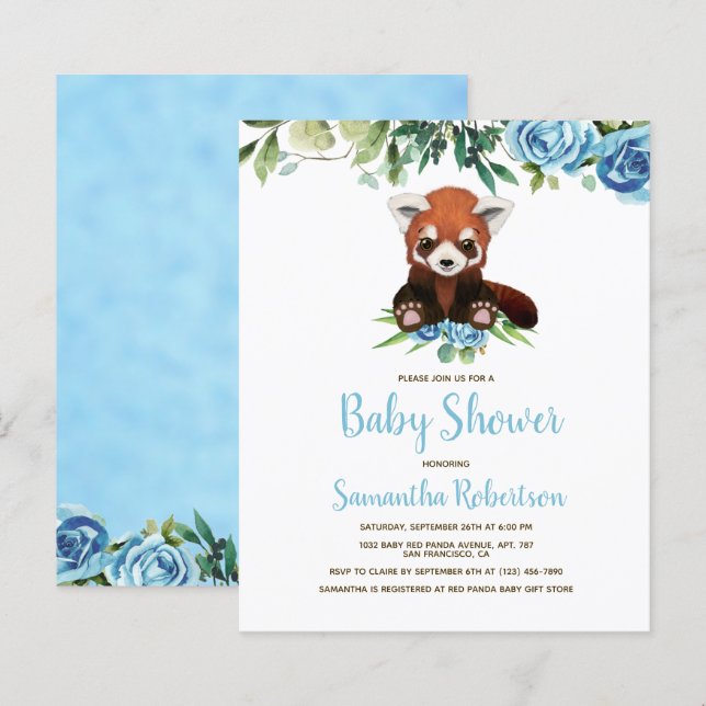 Budget Blue Floral Bear Boy Baby Shower Invitation (Front/Back)