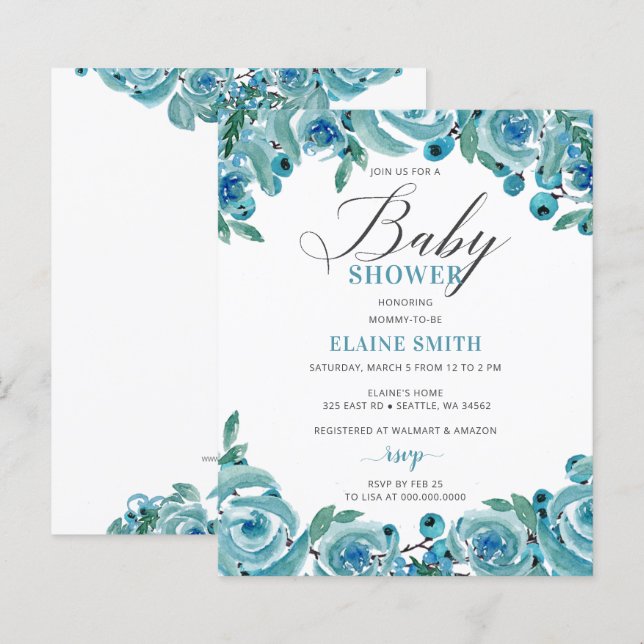 Budget Blue Floral Boy Baby Shower Invitation (Front/Back)