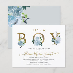 Budget Blue Floral Boy Baby Shower Invitation