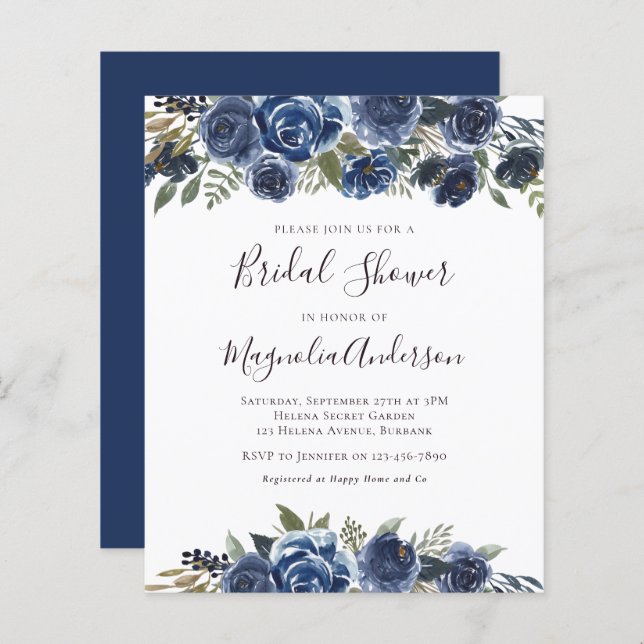 Budget Blue Floral Bridal Shower Invitation (Front/Back)