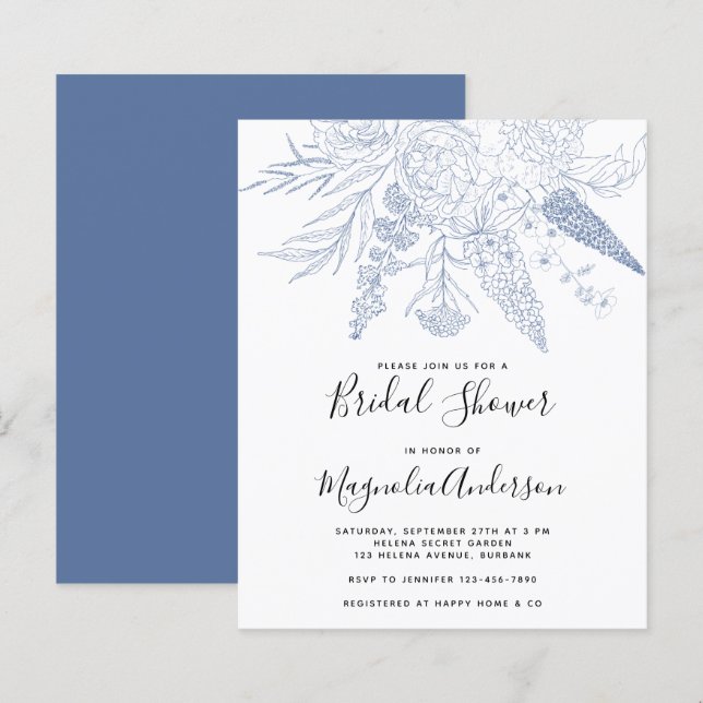 BUDGET Blue Floral Bridal Shower Invitation (Front/Back)