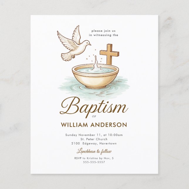 Budget Blue Floral Cross Baptism Invitation (Front)