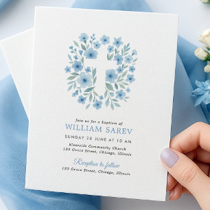 Budget Blue Floral Cross Baptism Invitation