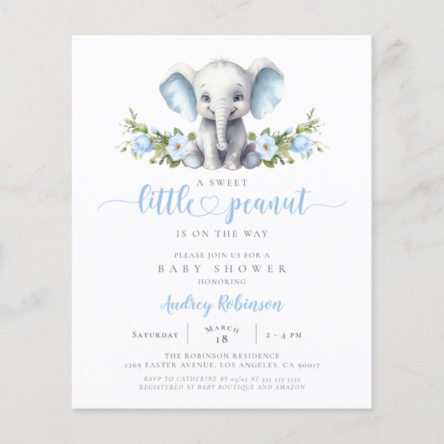 Budget Blue Floral Elephant Baby Shower Invitation (Front)